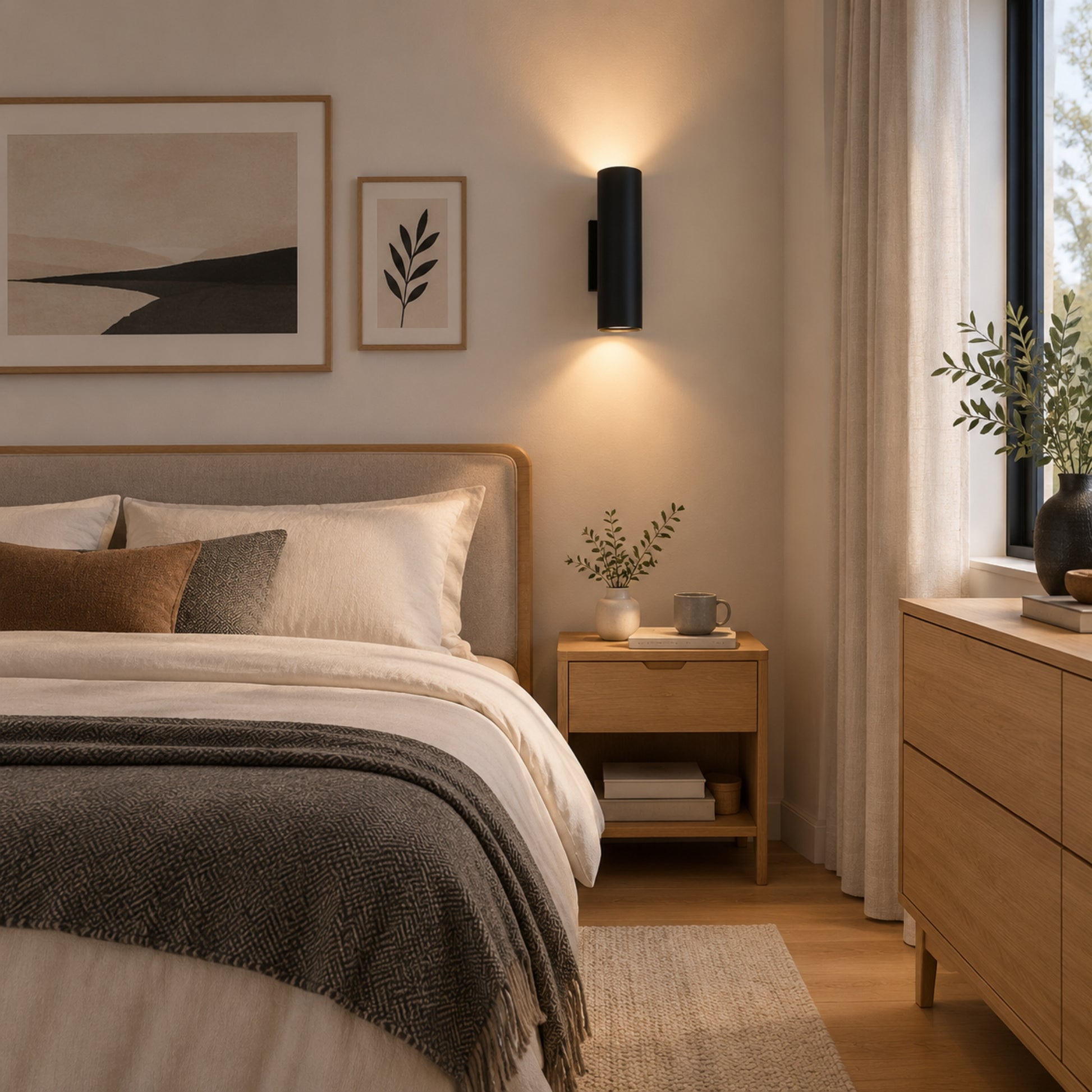 applique murale chambre noire avec cadre et lit design epure