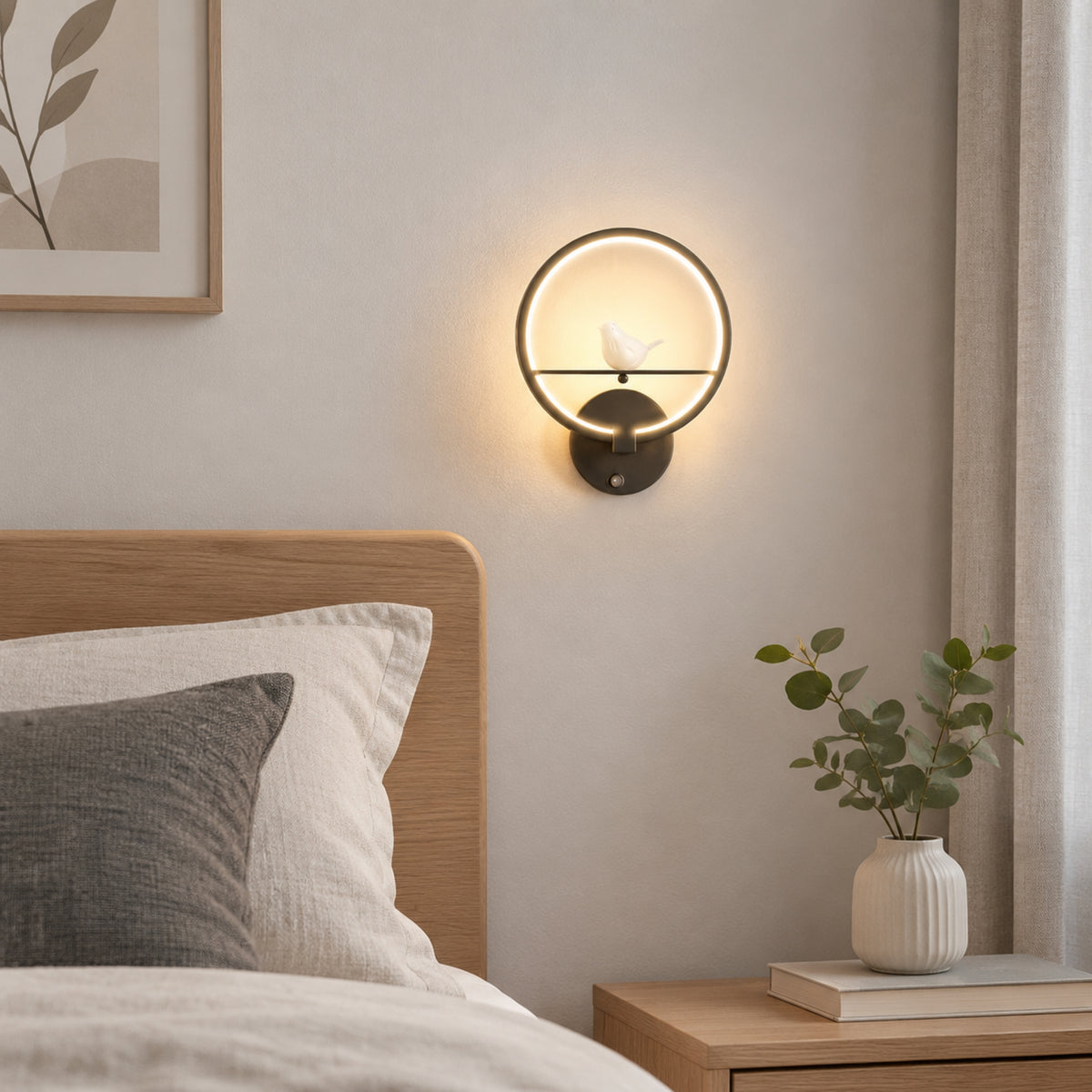 applique murale chambre noire avec plante oiseau lumineux led