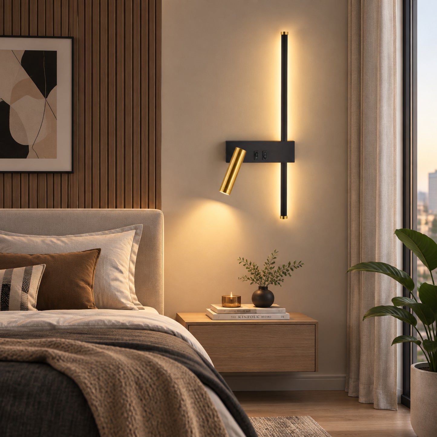 applique murale chambre noire cote droit double eclairage noir et or