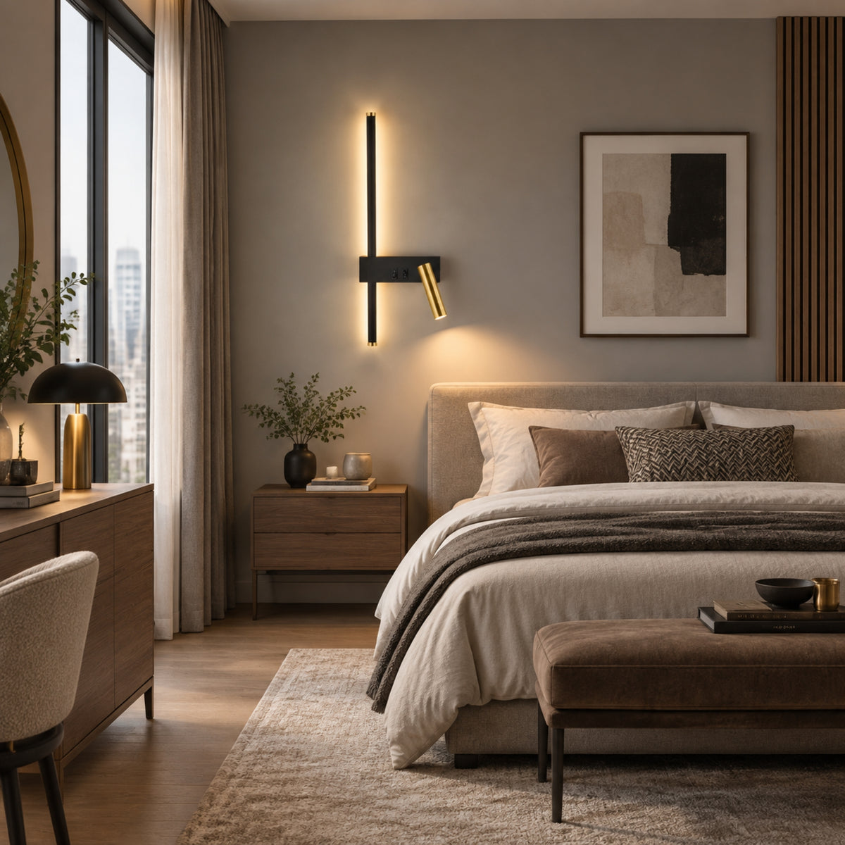 applique murale chambre noire cote gauche double eclairage noir et or