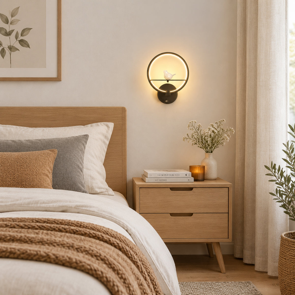 applique murale chambre noire sur mur oiseau lumineux led