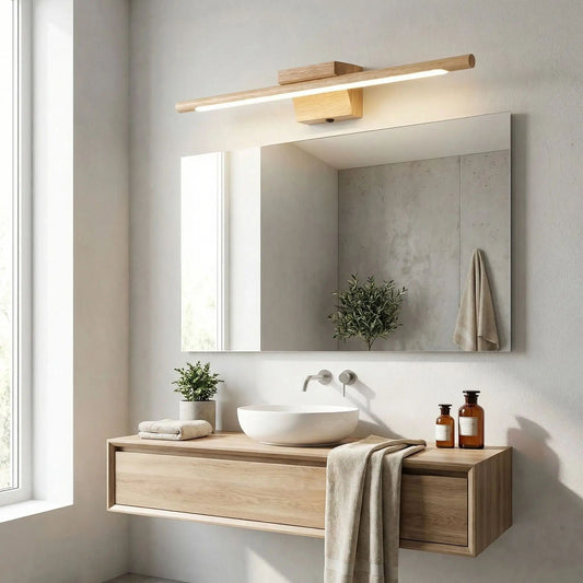 applique murale pour salle de bain bois au dessus miroir rectangle scandinave led