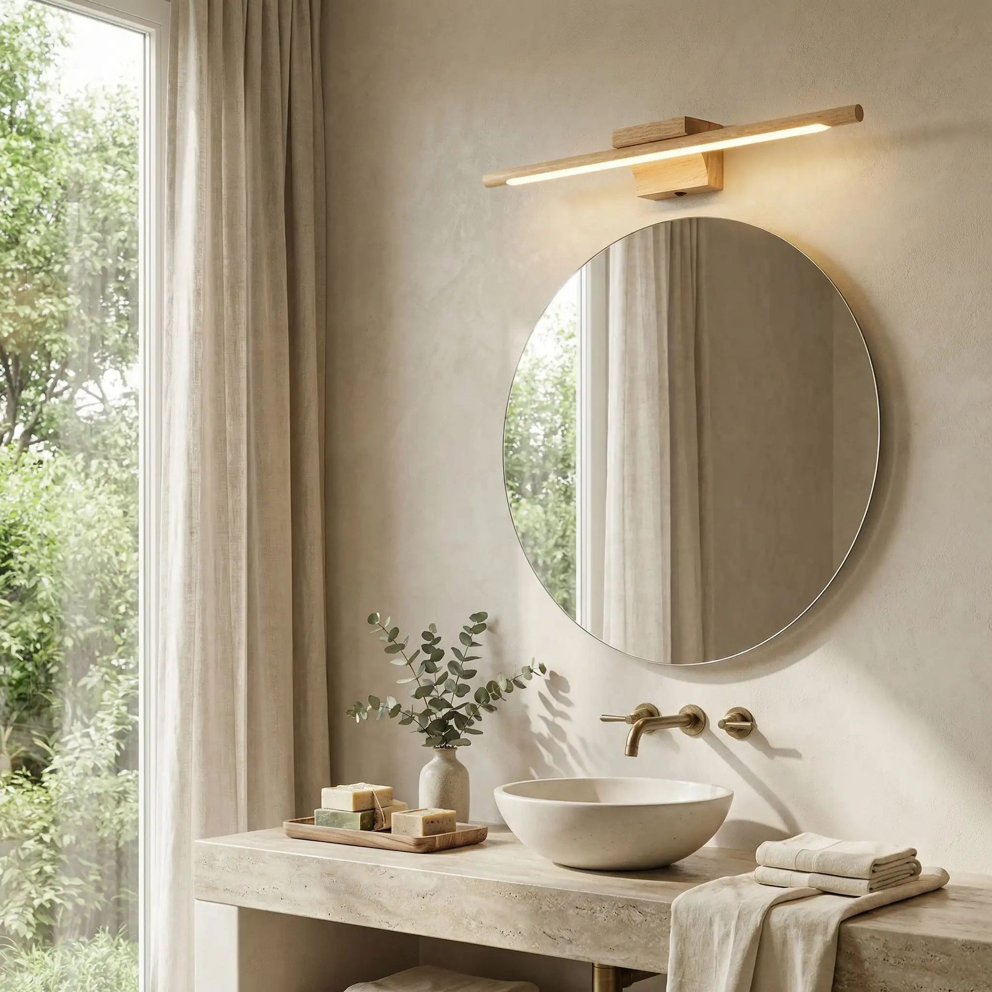 applique murale pour salle de bain bois au dessus miroir rond scandinave led