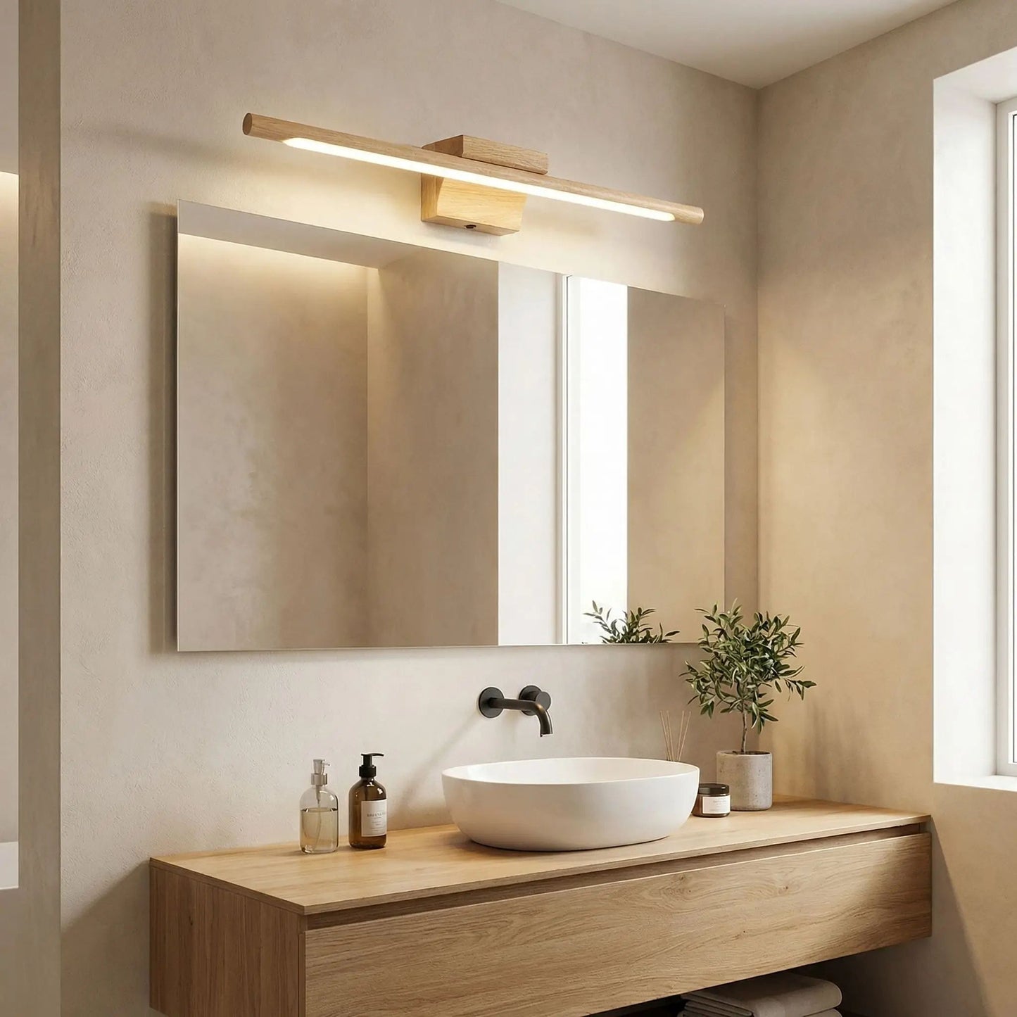 applique murale pour salle de bain bois chene au dessus miroir rectangle scandinave led