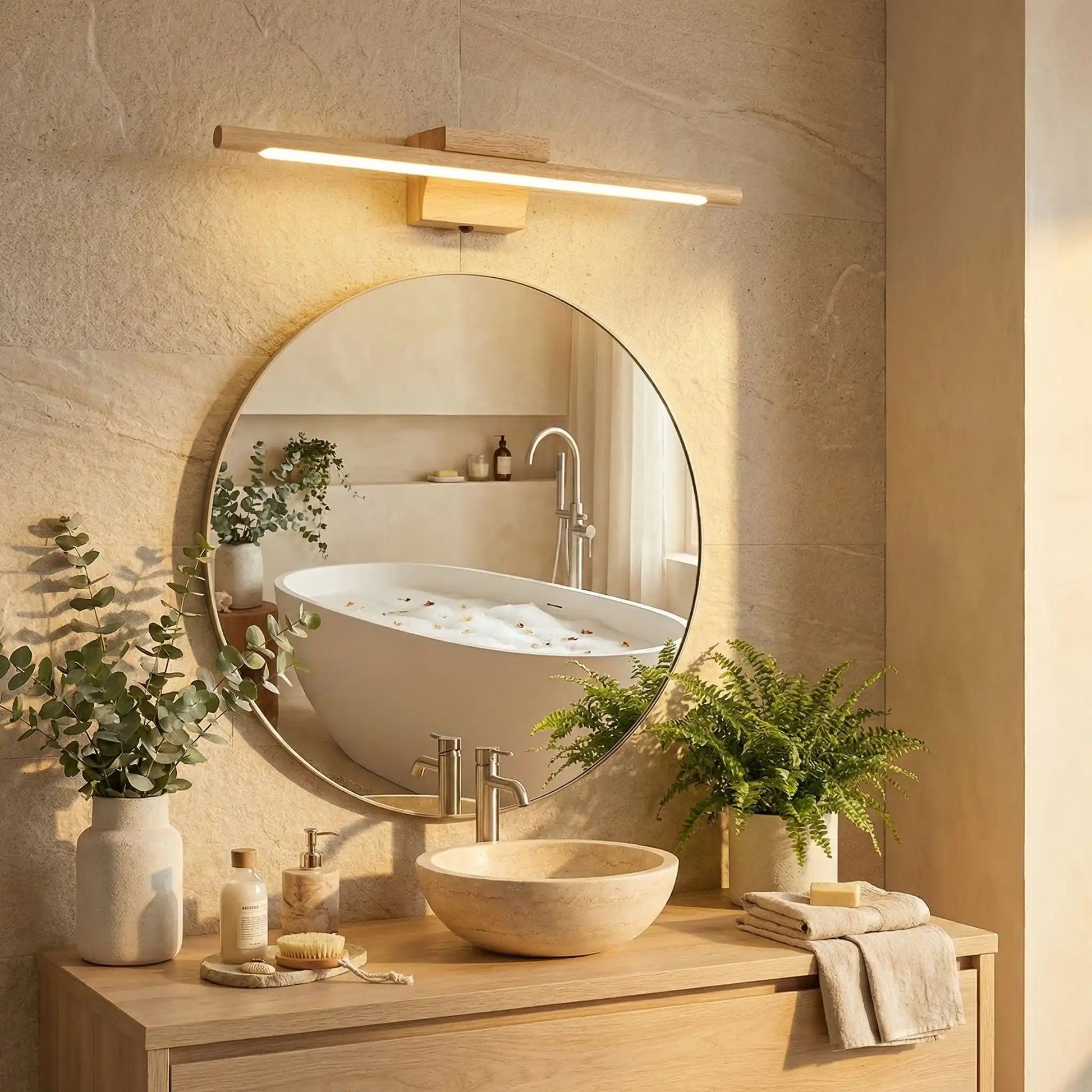 applique murale pour salle de bain bois chene au dessus miroir rond scandinave led