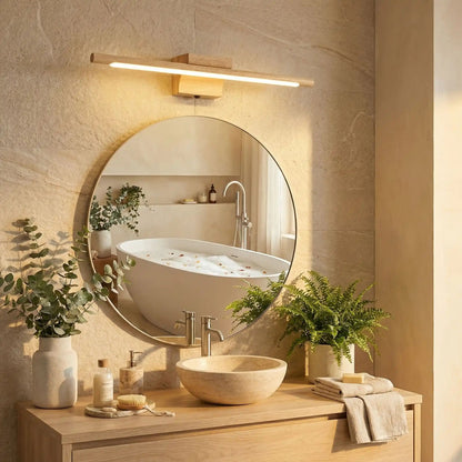 applique murale pour salle de bain bois chene au dessus miroir rond scandinave led