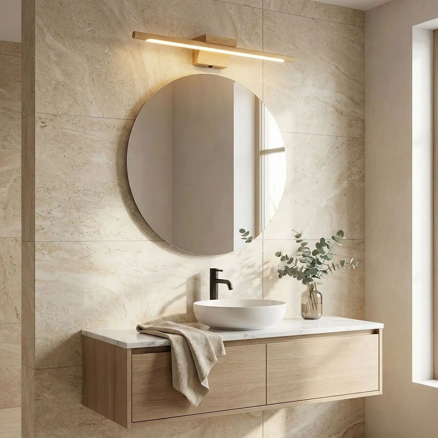 applique murale pour salle de bain bois chene au dessus miroir scandinave led