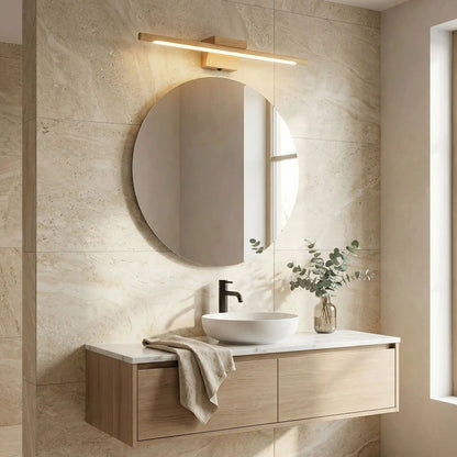 applique murale pour salle de bain bois chene au dessus miroir scandinave led