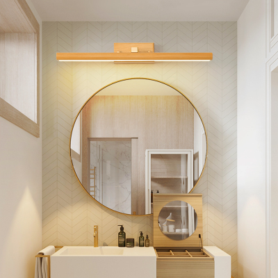 applique murale salle de bain bois naturel au dessus miroir rond