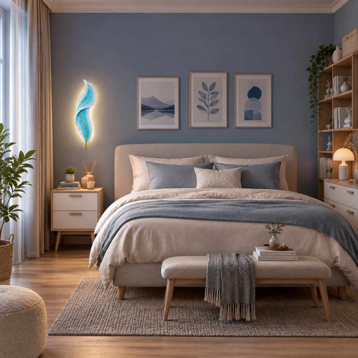 applique pour chambre bleue avec cadres plume led design