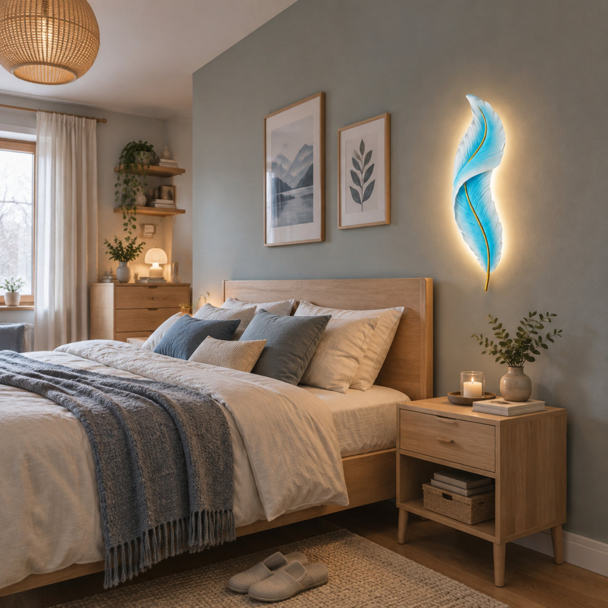 applique pour chambre bleue dessus chevet plume led design
