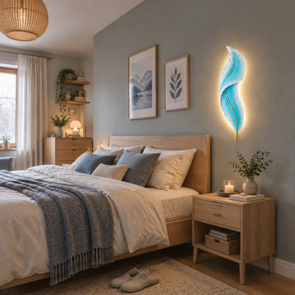 applique pour chambre bleue dessus chevet plume led design
