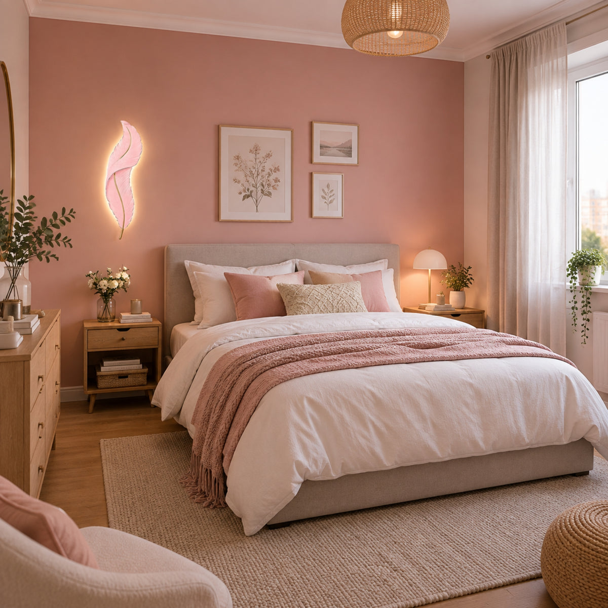 applique pour chambre couleur rose sur mur rose plume led design