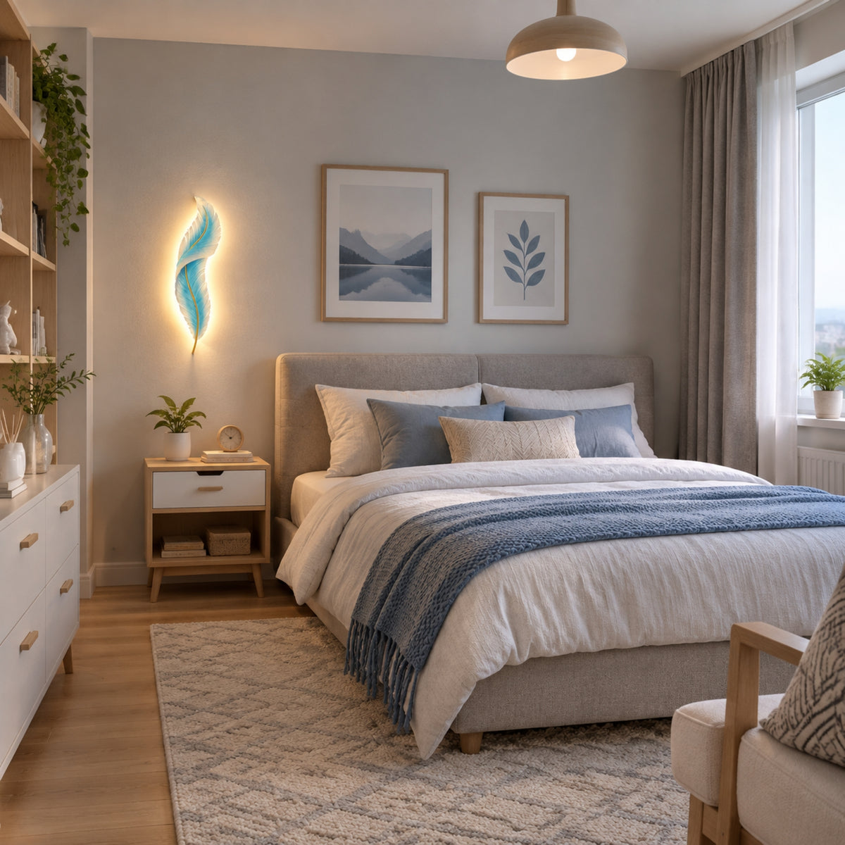 applique pour chambre plume bleue avec fenetre plume led design