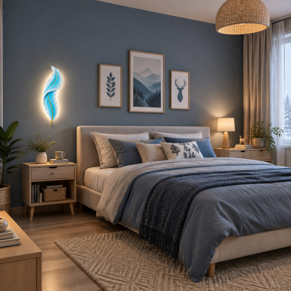 applique pour chambre plume bleue cote lit plume led design