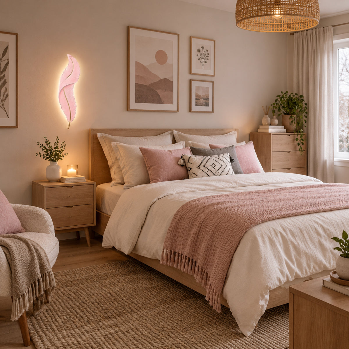 applique pour chambre rose avec plante plume led design