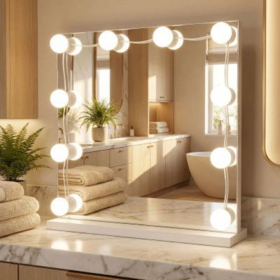 applique pour salle de bain 10 ampoules sur miroir carre