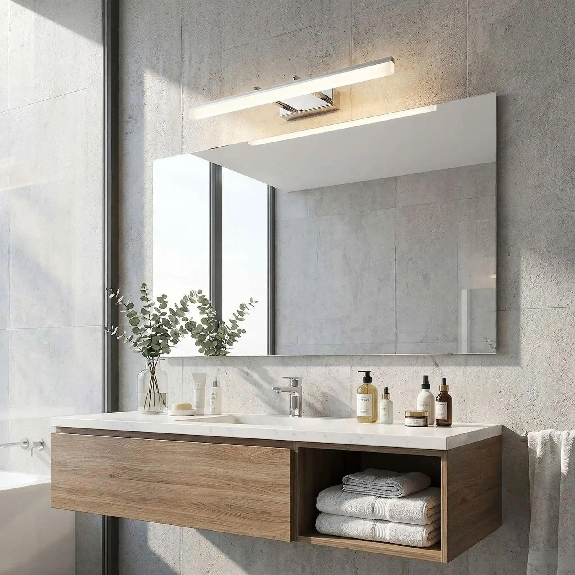applique pour salle de bain couleur argent au dessus miroir rectangle led modulable
