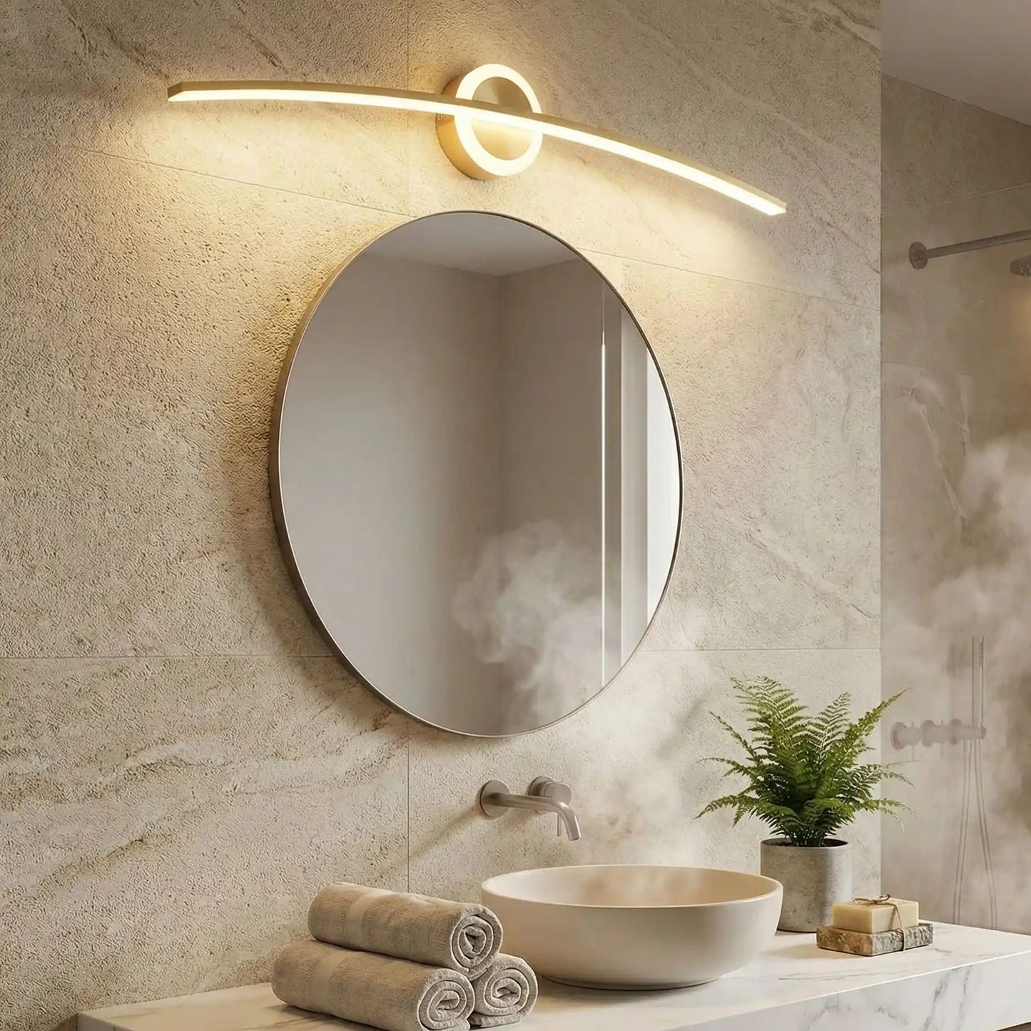 applique pour salle de bain couleur or au dessus miroir led incurve moderne