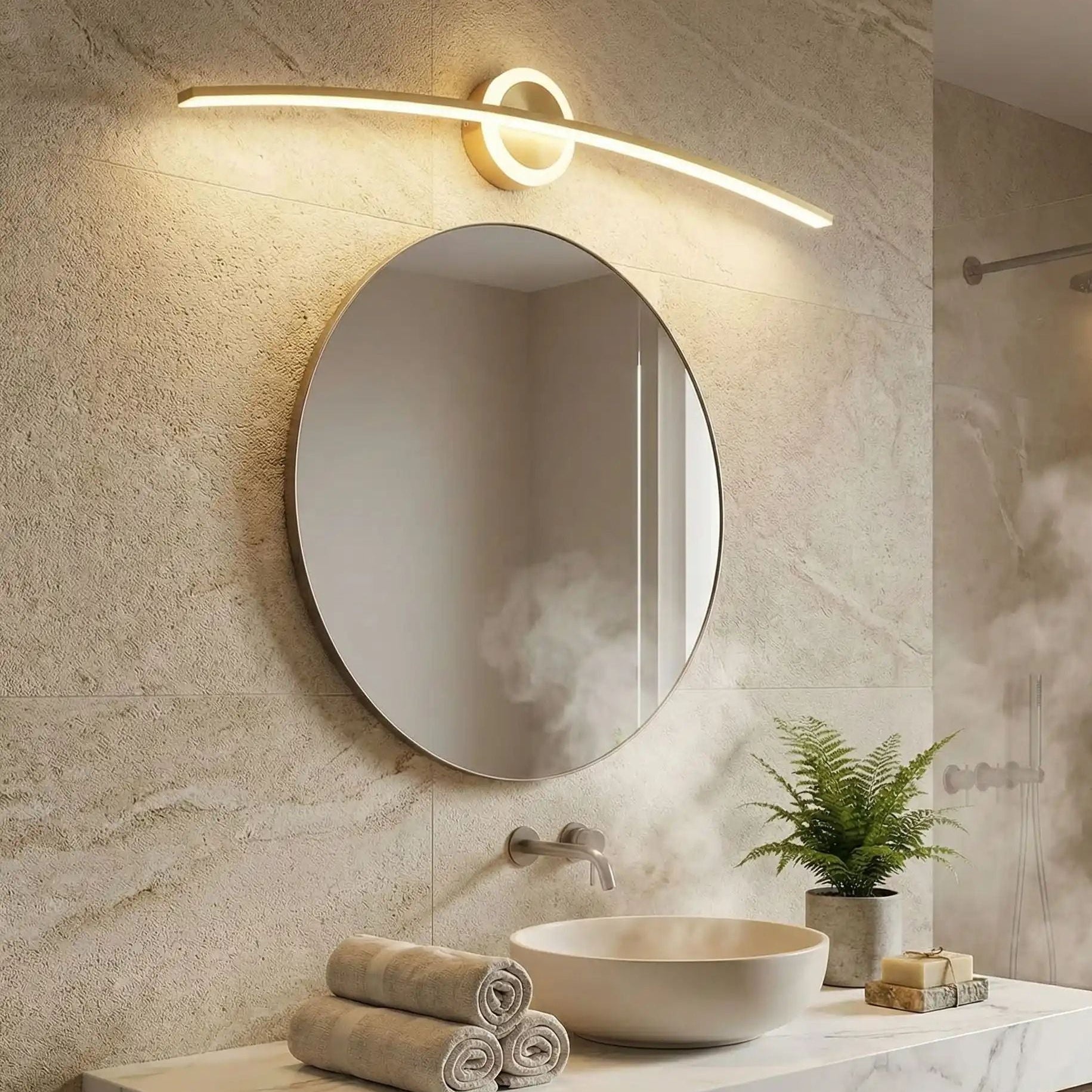 applique pour salle de bain couleur or au dessus miroir led incurve moderne