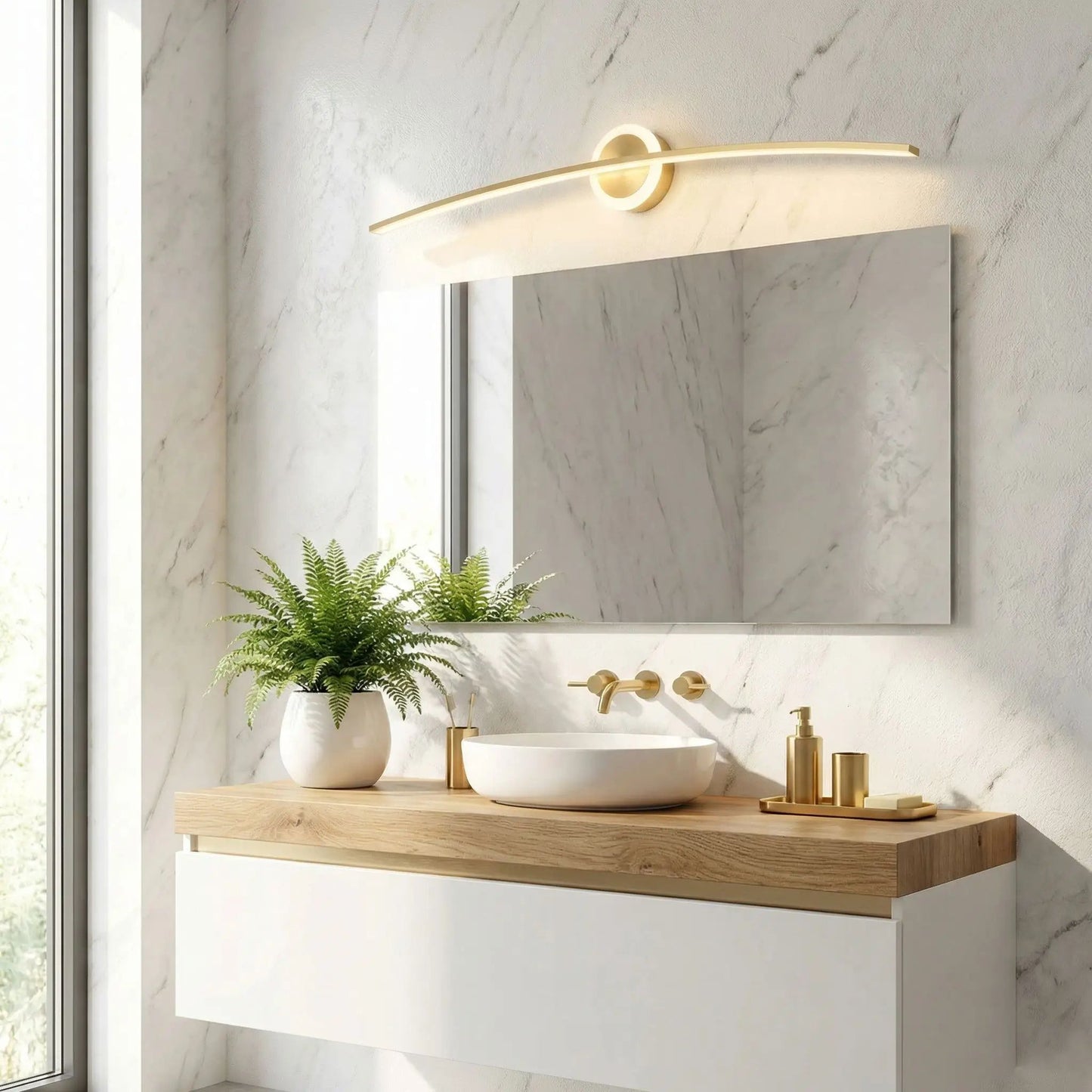 applique pour salle de bain couleur or au dessus miroir rectangle led incurve moderne