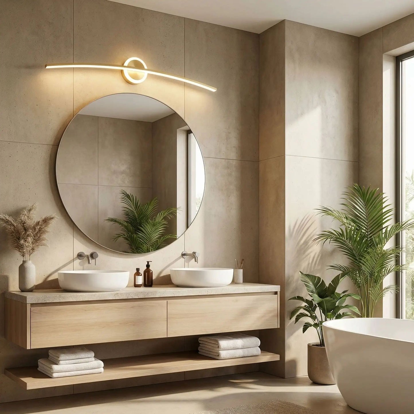 applique pour salle de bain couleur or au dessus miroir rond led incurve moderne