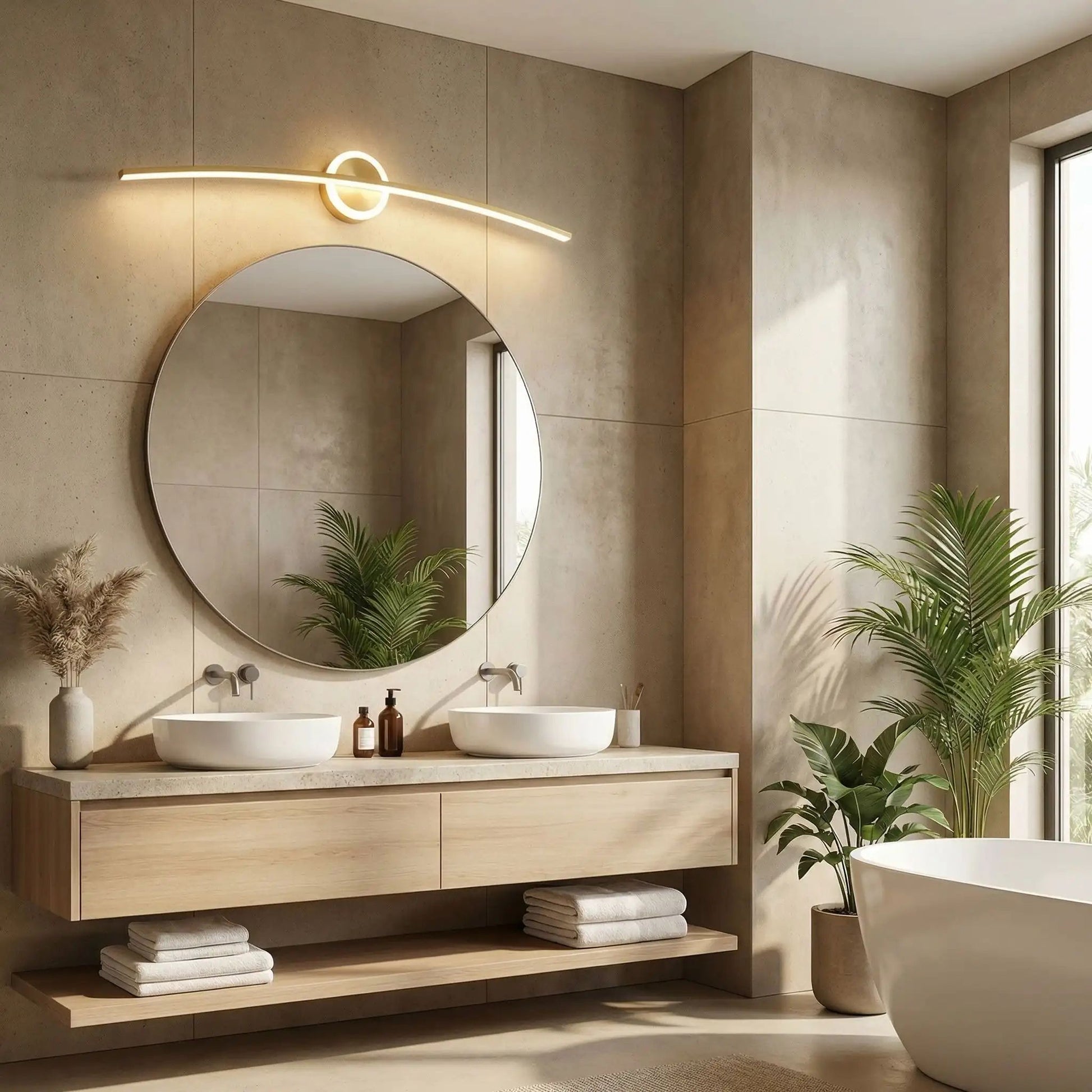 applique pour salle de bain couleur or au dessus miroir rond led incurve moderne