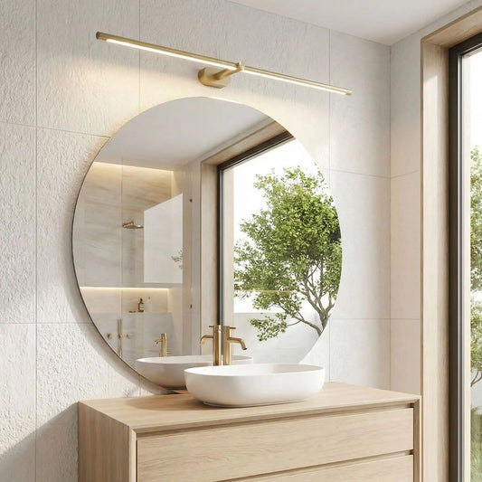 applique pour salle de bain couleur or au dessus miroir rond scandinave