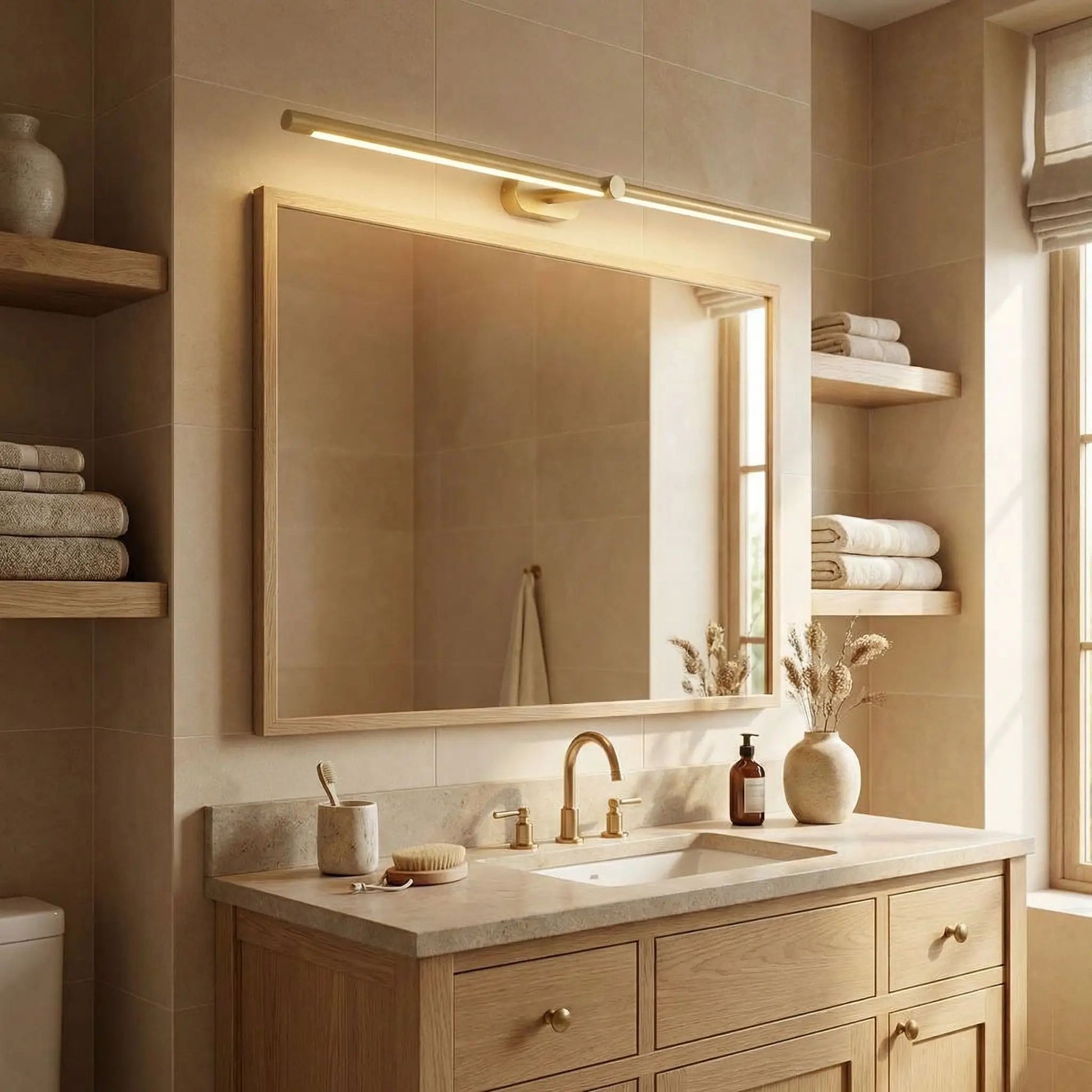 applique pour salle de bain couleur or au dessus miroir scandinave