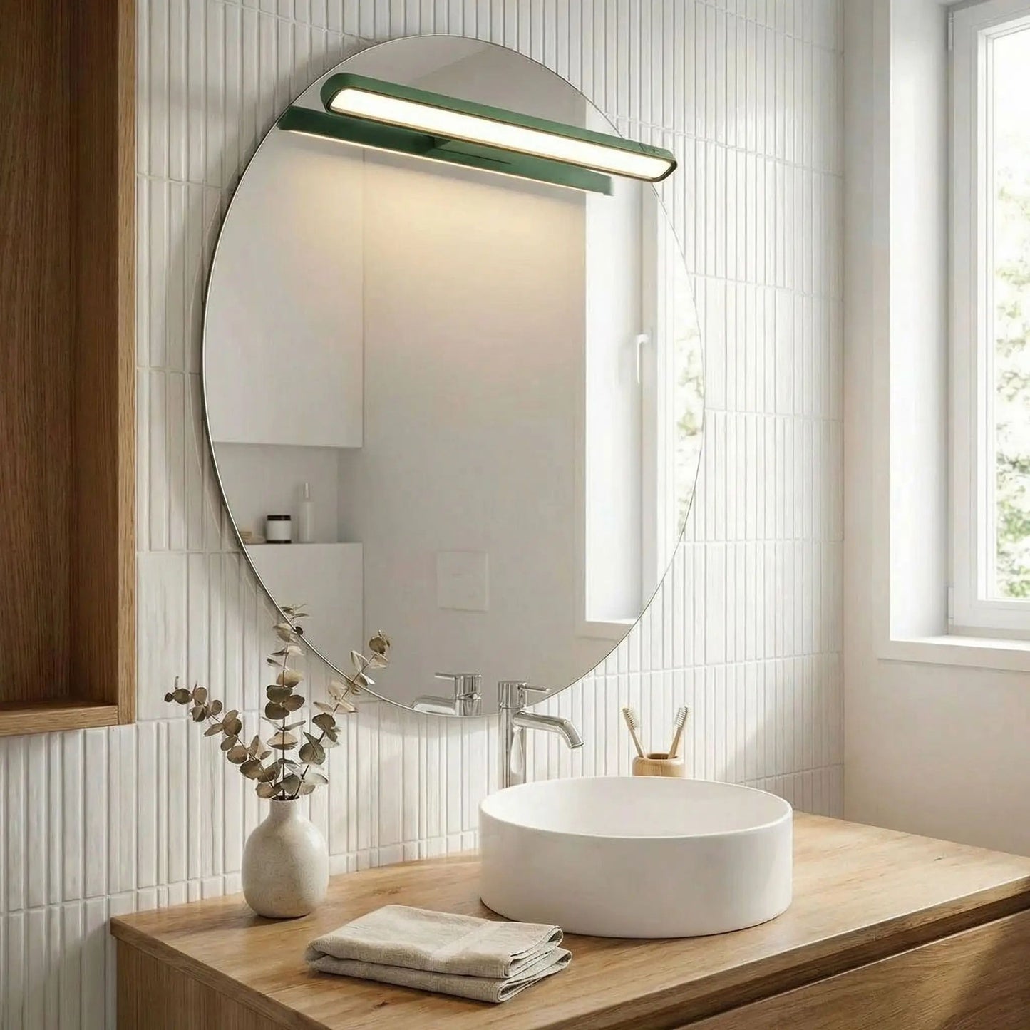 applique pour salle de bain couleur vert rechargeable au dessus miroir rond