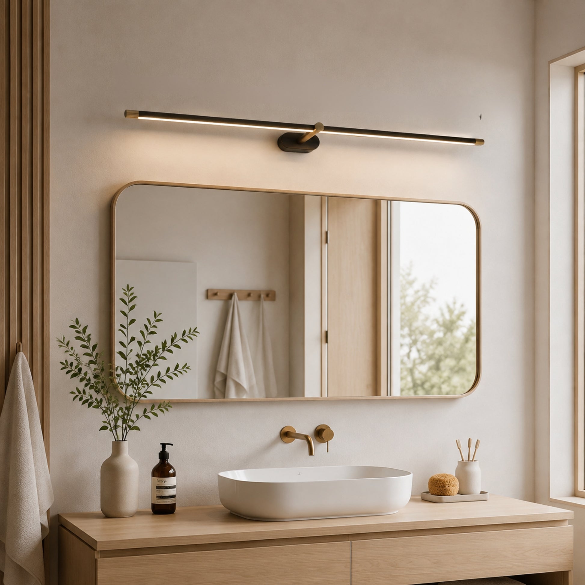 applique pour salle de bain noire dessus miroir scandinave