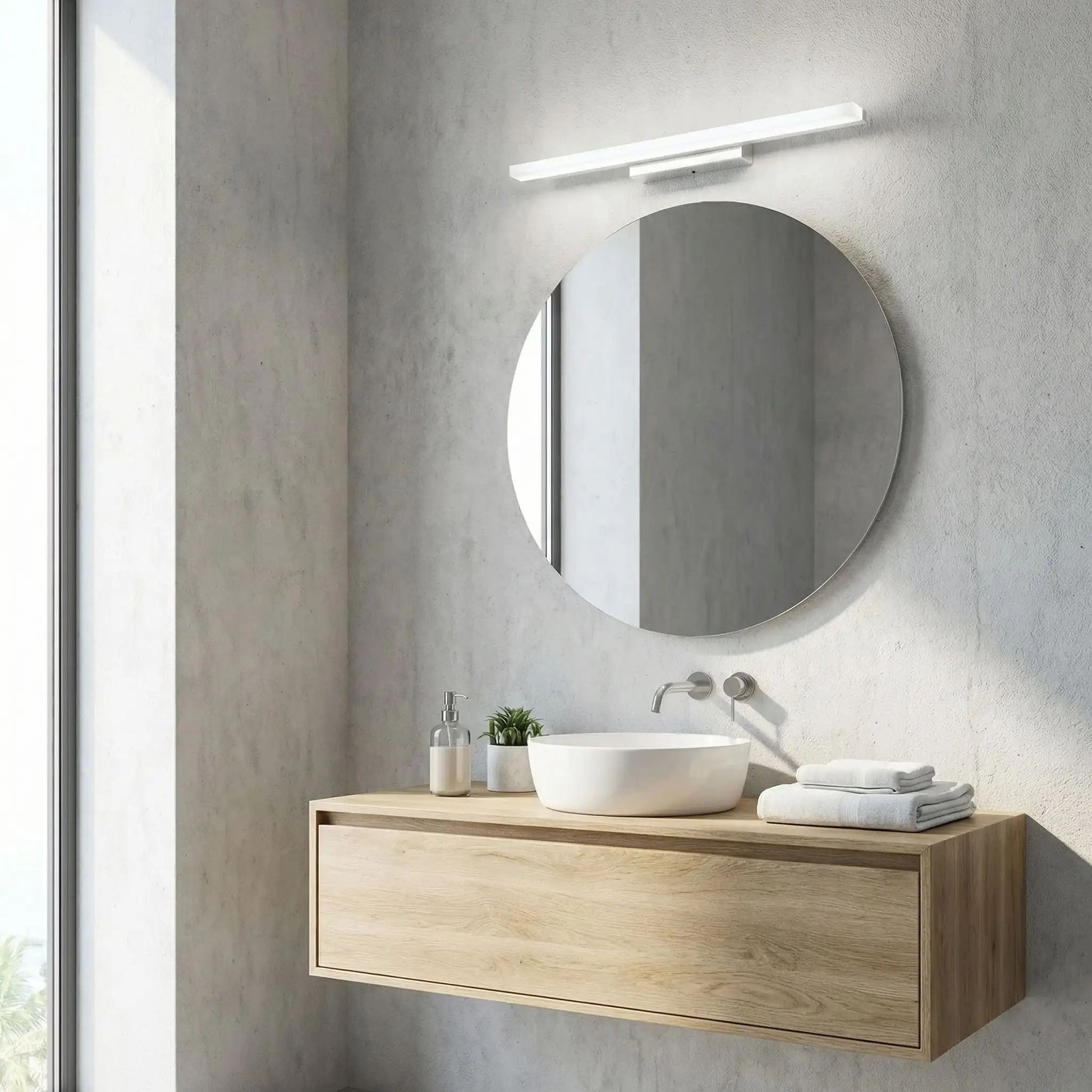 applique salle de bain blanc au dessus miroir rond led lumiere maquillage