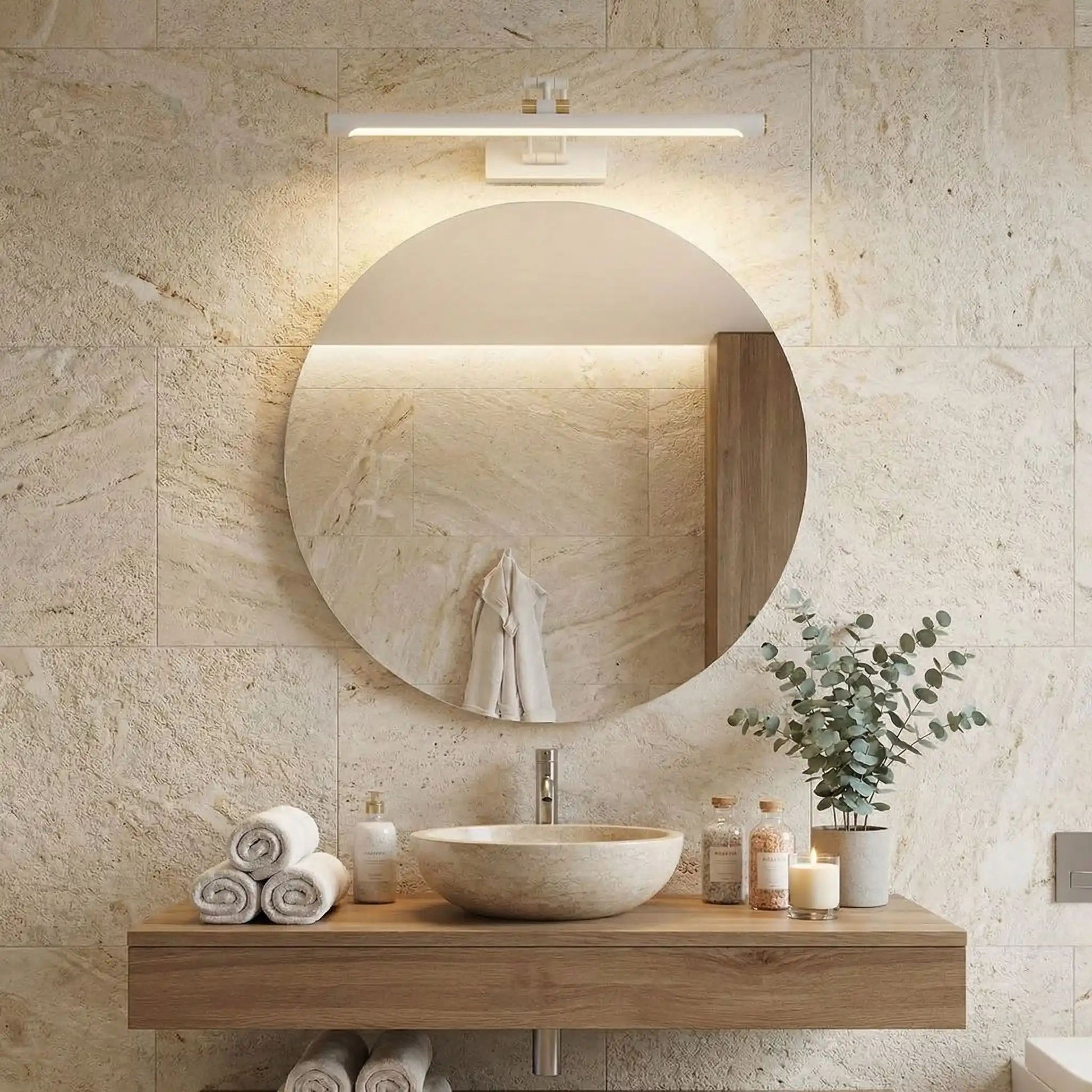 applique salle de bain couleur blanc au dessus miroir rond led ajustable 180