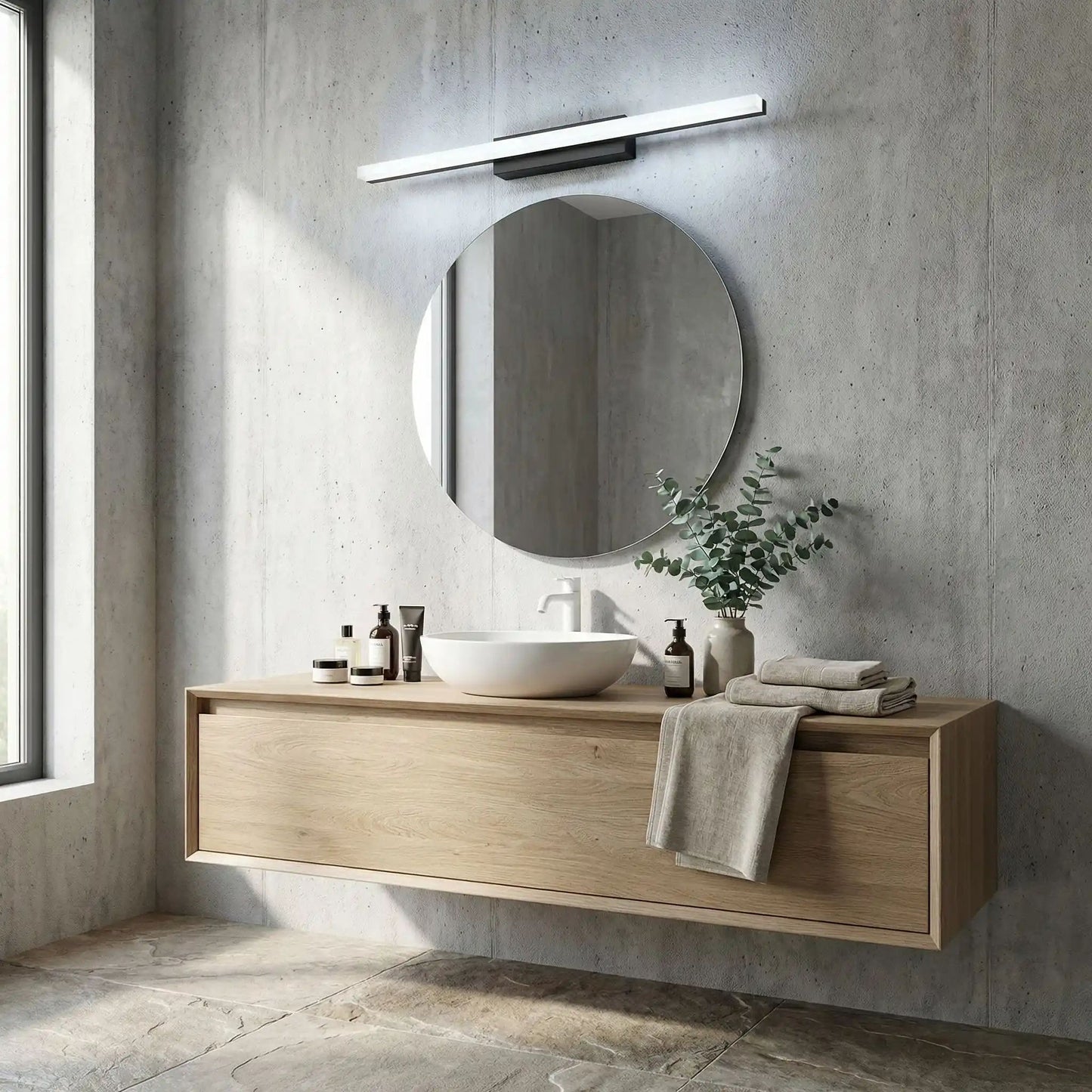 applique salle de bain couleur noir au dessus miroir rond led lumiere maquillage
