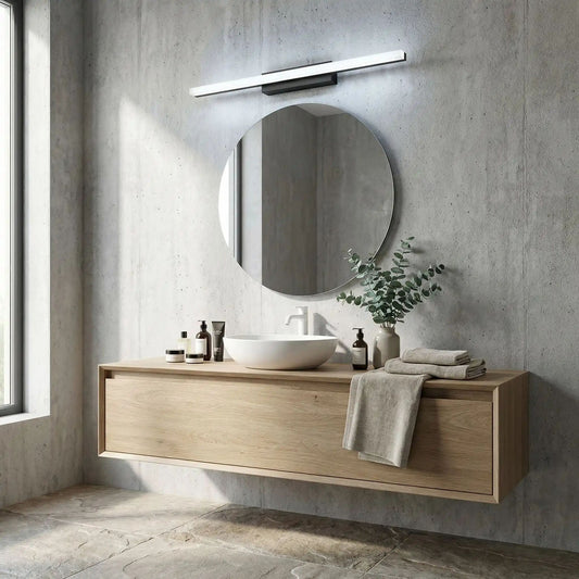 applique salle de bain couleur noir au dessus miroir rond led lumiere maquillage