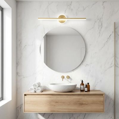 applique salle de bain couleur or au dessus miroir rond
