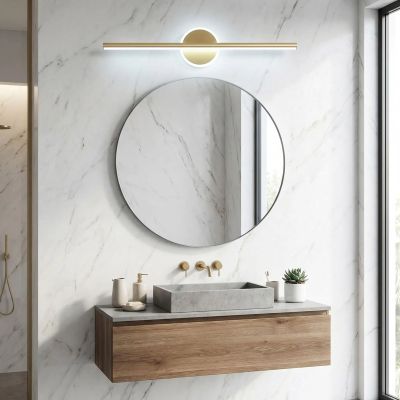 applique salle de bain couleur or dessus miroir rond
