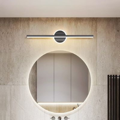 applique salle de bain noir base ronde au dessus miroir rond