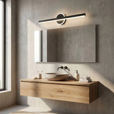 applique salle de bain noir base ronde au dessus miroir rectangle
