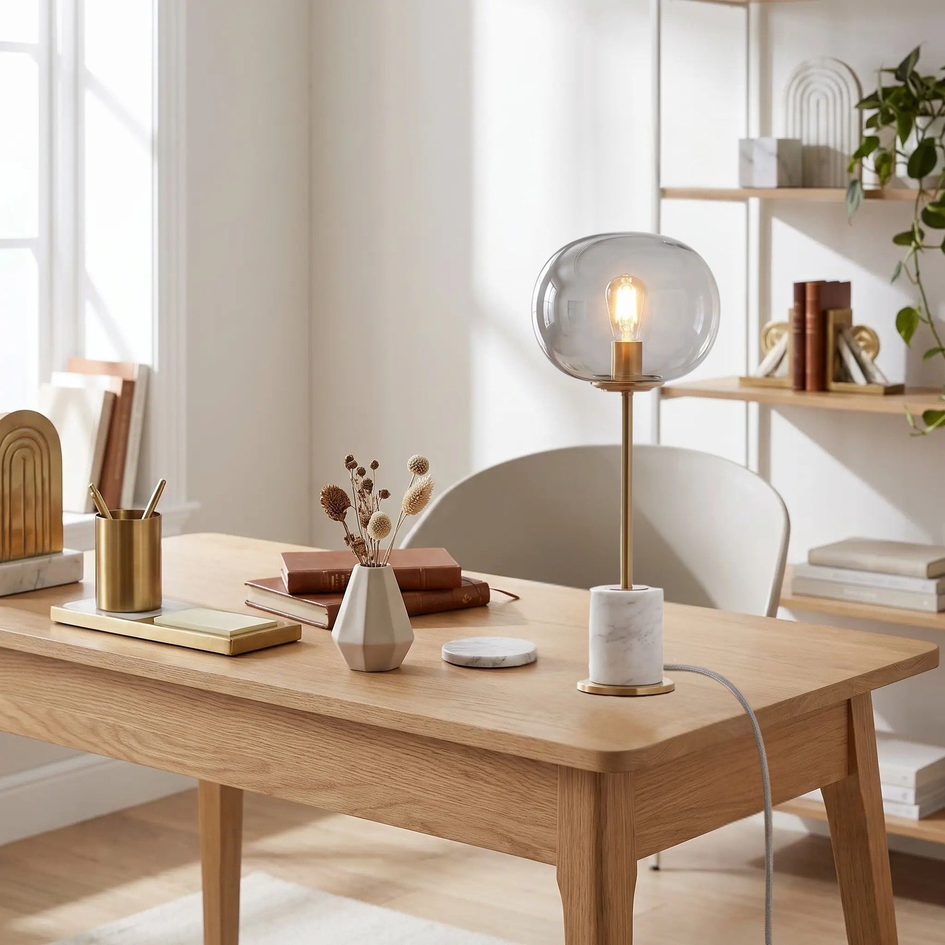lampe a bureau blanc avec livres art deco marbre