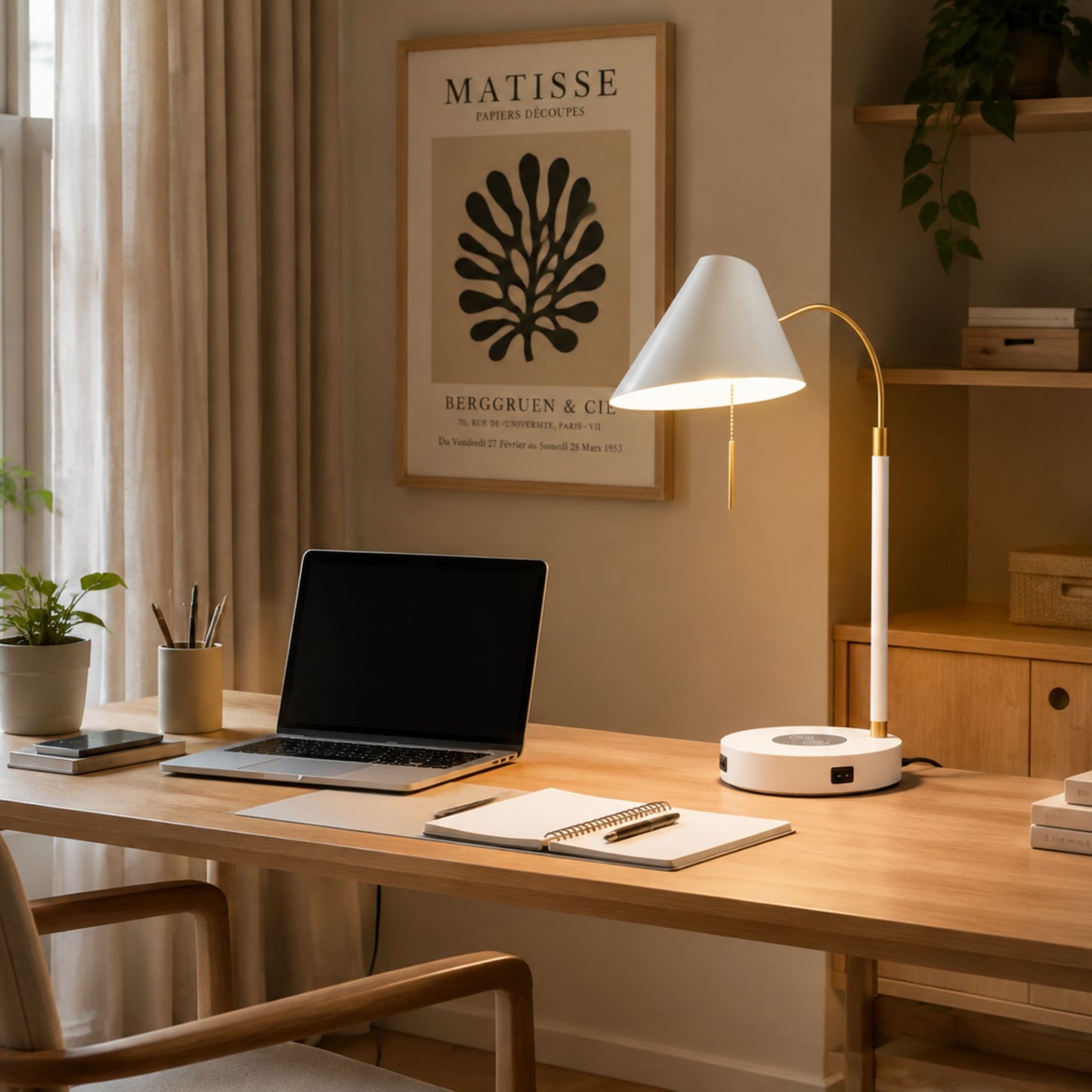 lampe a bureau blanche sur bureau scandinave station de charge