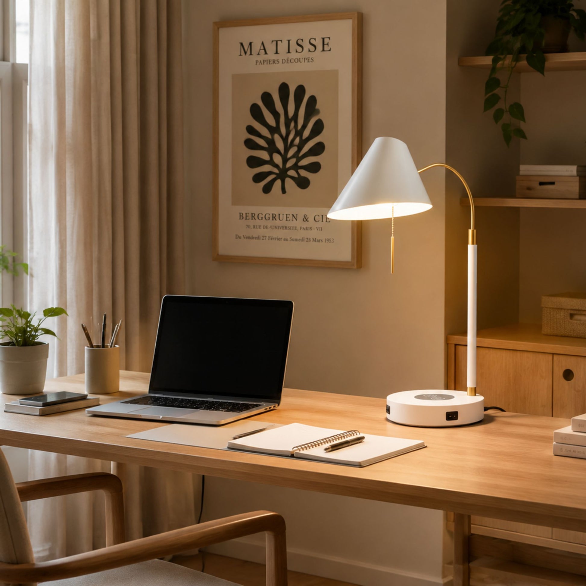 lampe a bureau blanche sur bureau scandinave station de charge