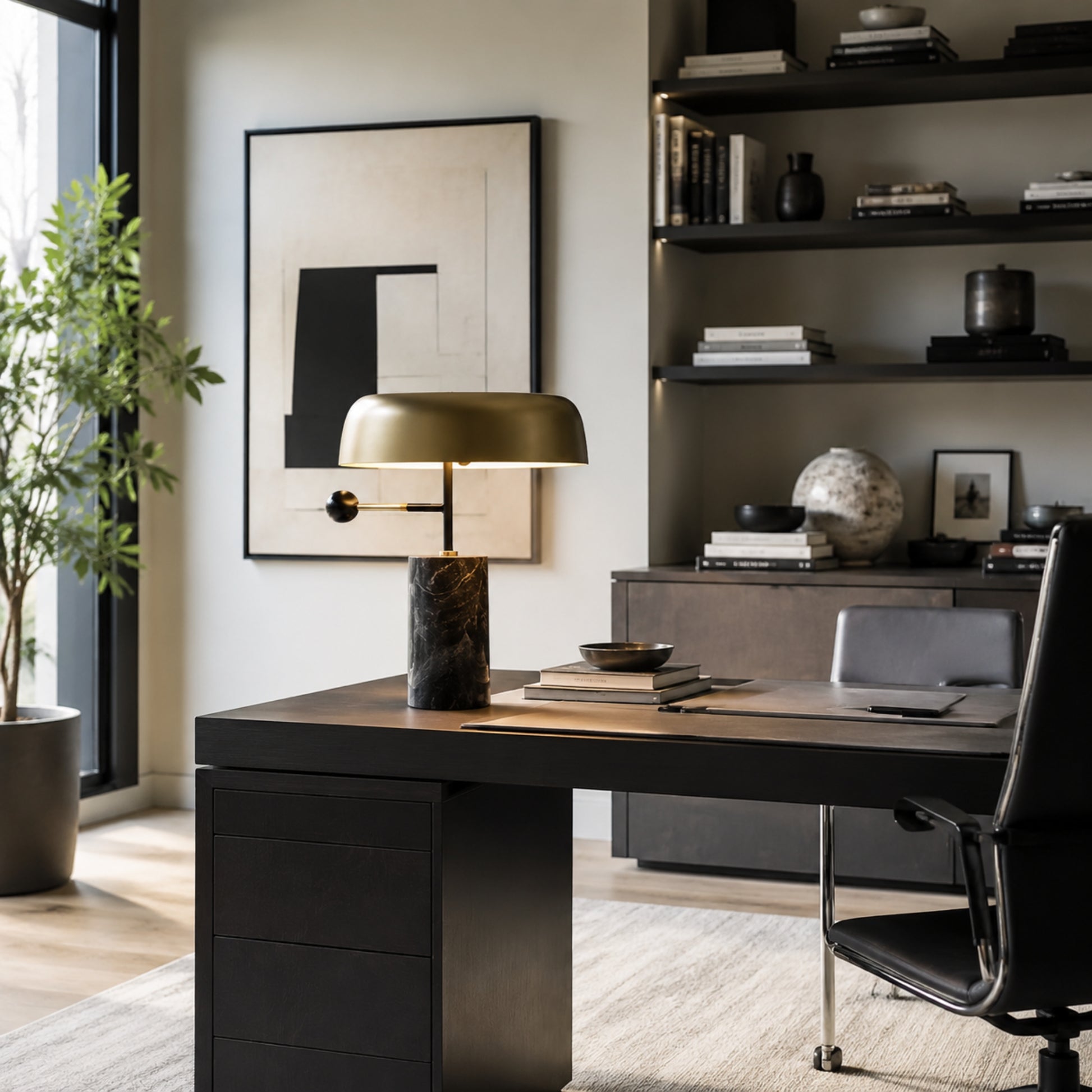 lampe a bureau deux chaises marbre haut de gamme doree