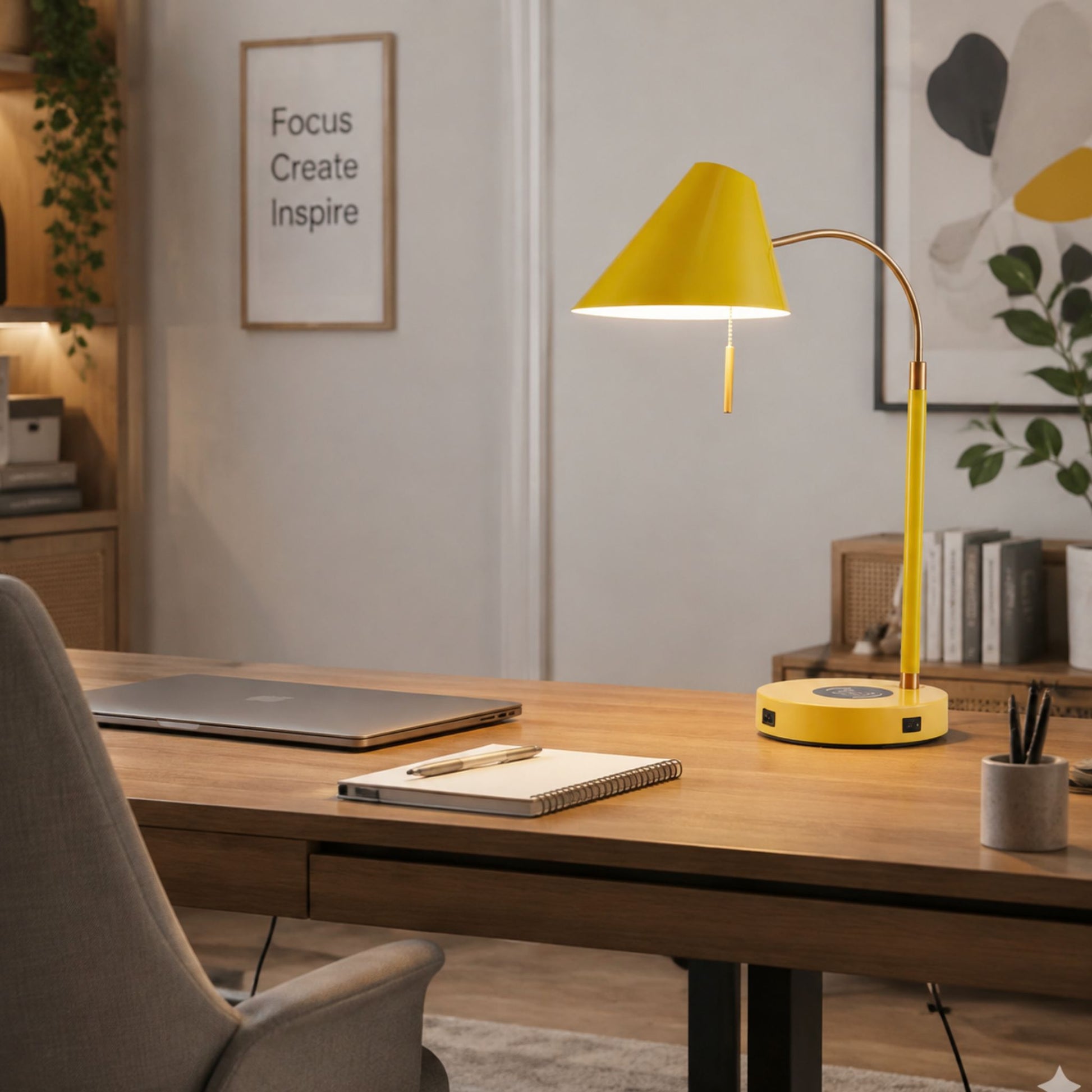 lampe a bureau jaune avec ordinateur scandinave station de charge