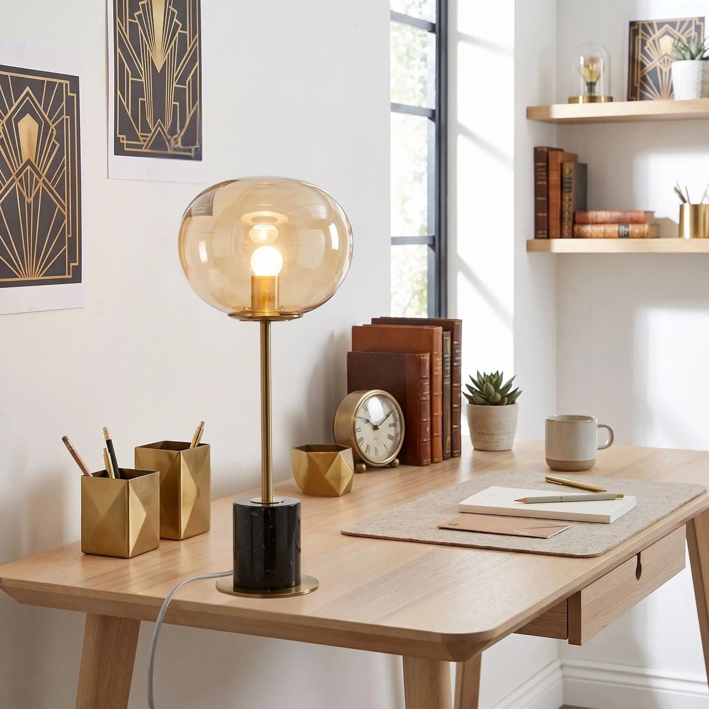 lampe a bureau noir ambre art deco marbre