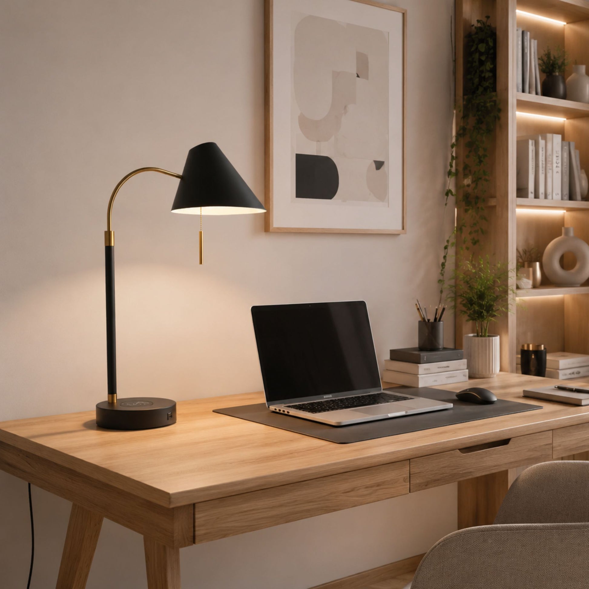 lampe a bureau sur bureau scandinave station de charge