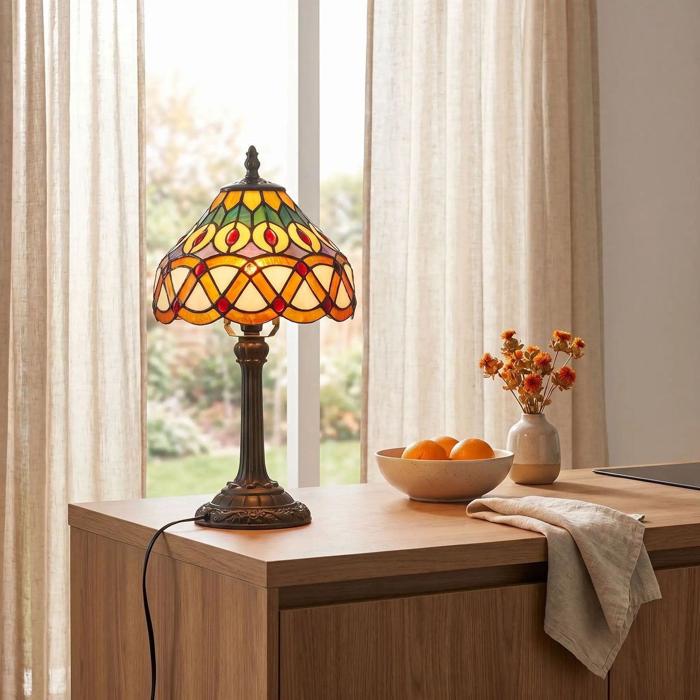 lampe a poser avec bol orange tiffany motifs geometriques et floraux colores