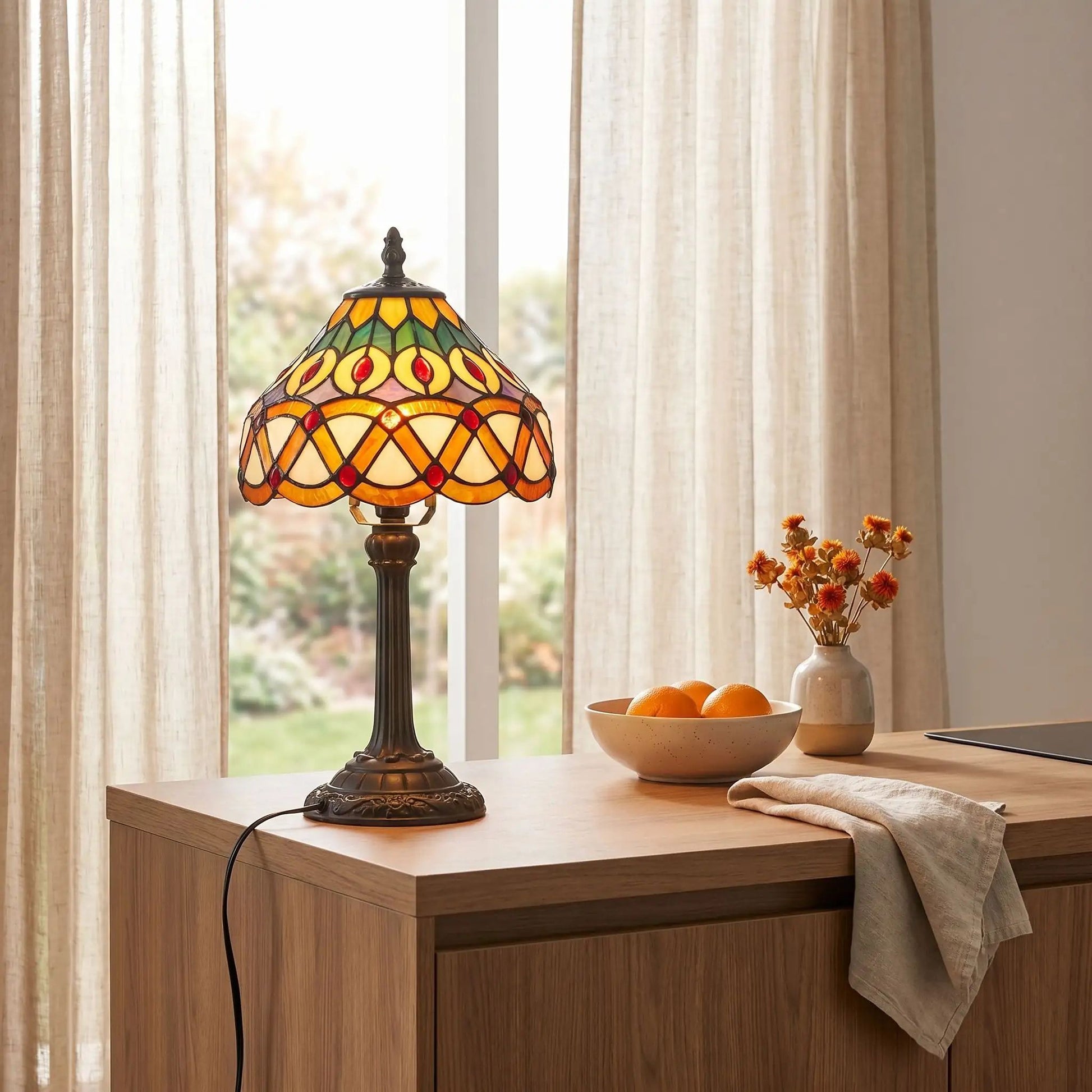 lampe a poser avec bol orange tiffany motifs geometriques et floraux colores