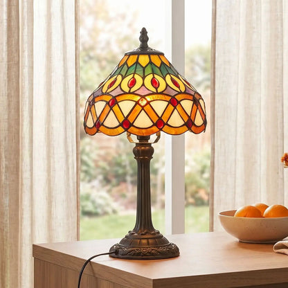 lampe a poser avec bol orange vu rapproche tiffany motifs geometriques et floraux colores