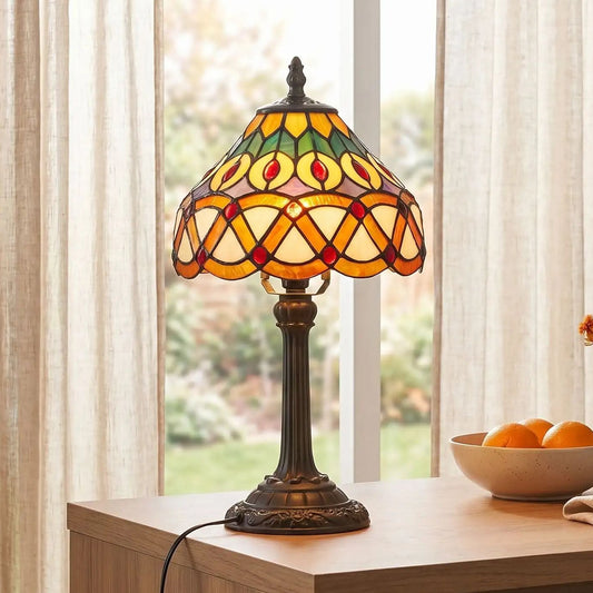 lampe a poser avec bol orange vu rapproche tiffany motifs geometriques et floraux colores